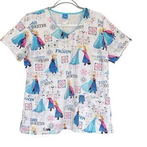 Disney Womens Frozen Scrub Top Medium White Elsa Anna Family Forever Vneck
